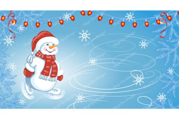 Christmas Snowman in Santa Cap in Skates: A Dynamic Illustration for Modern Holiday Design