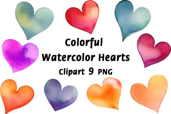 Colored Watercolor Hearts Clipart for Design