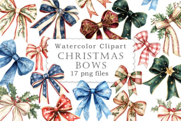 Watercolor Christmas Bows Clipart PNG