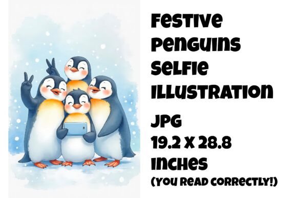 Watercolor Penguin Selfie Illustration: A Festive Digital Asset